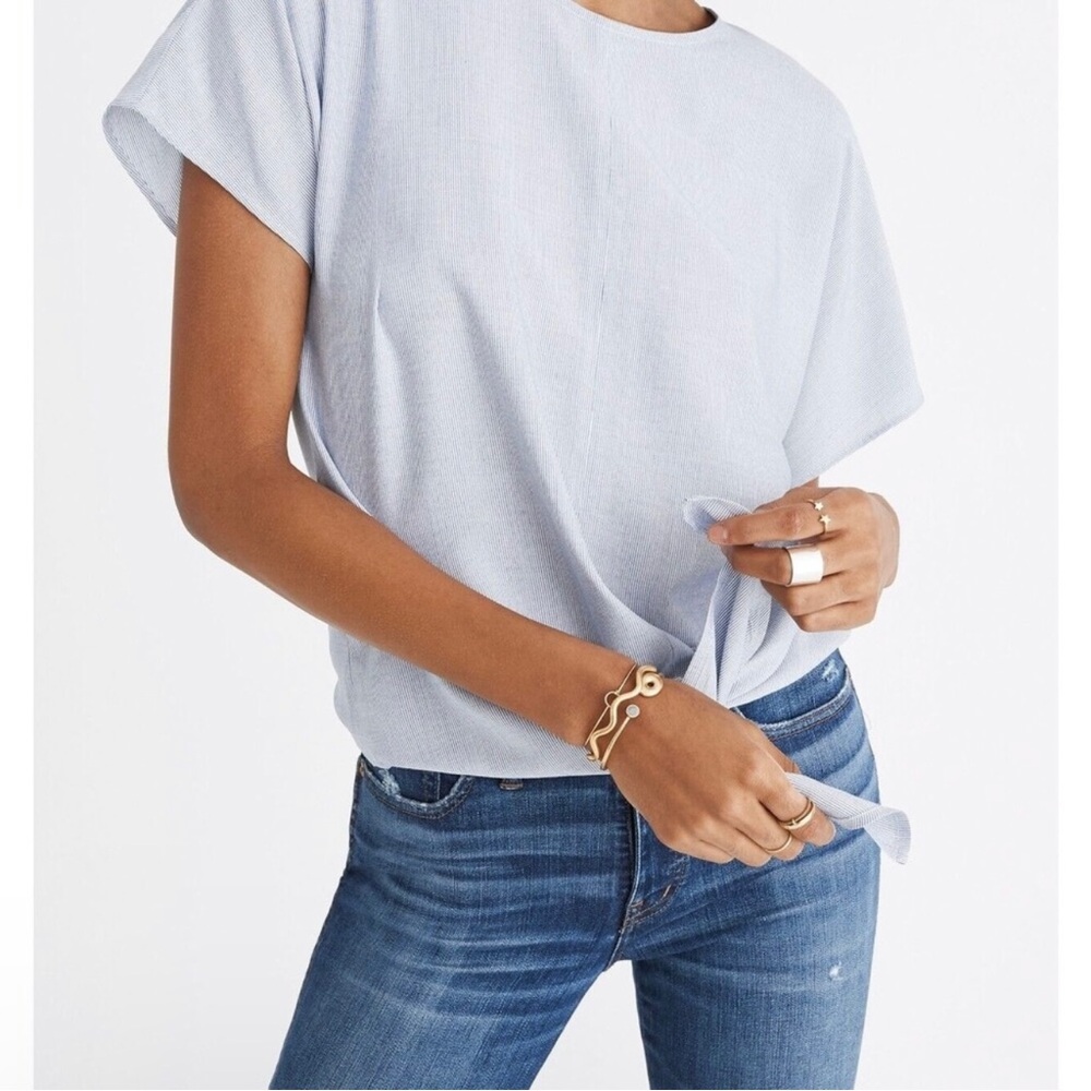 Madewell Blue & White Micro Striped Short Sleeve Top With Knot Tie In Front